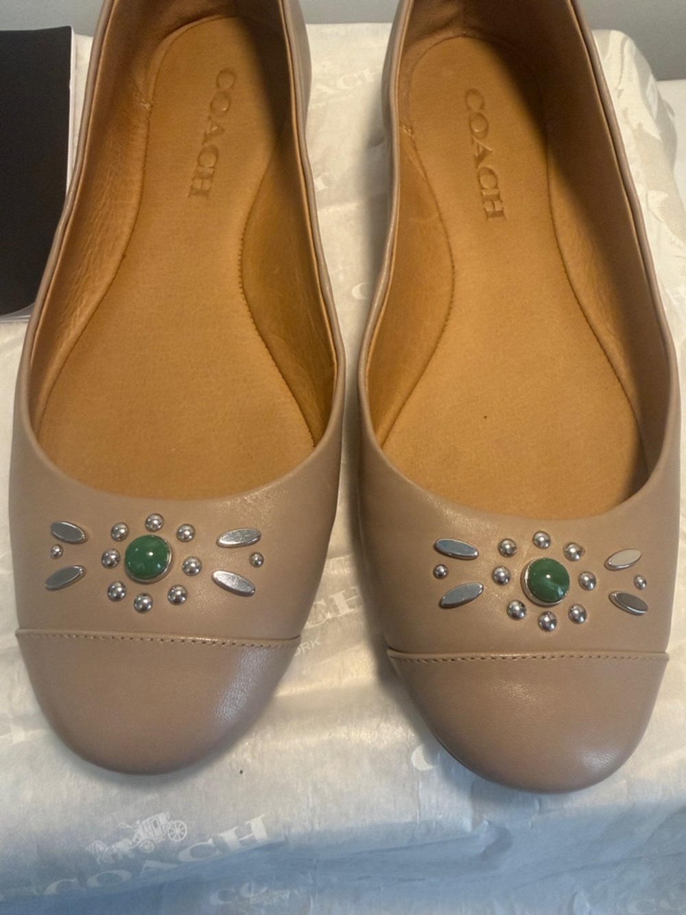 COACH Taupe Leather Embellished Ballet Flats - Picture 2 of 7